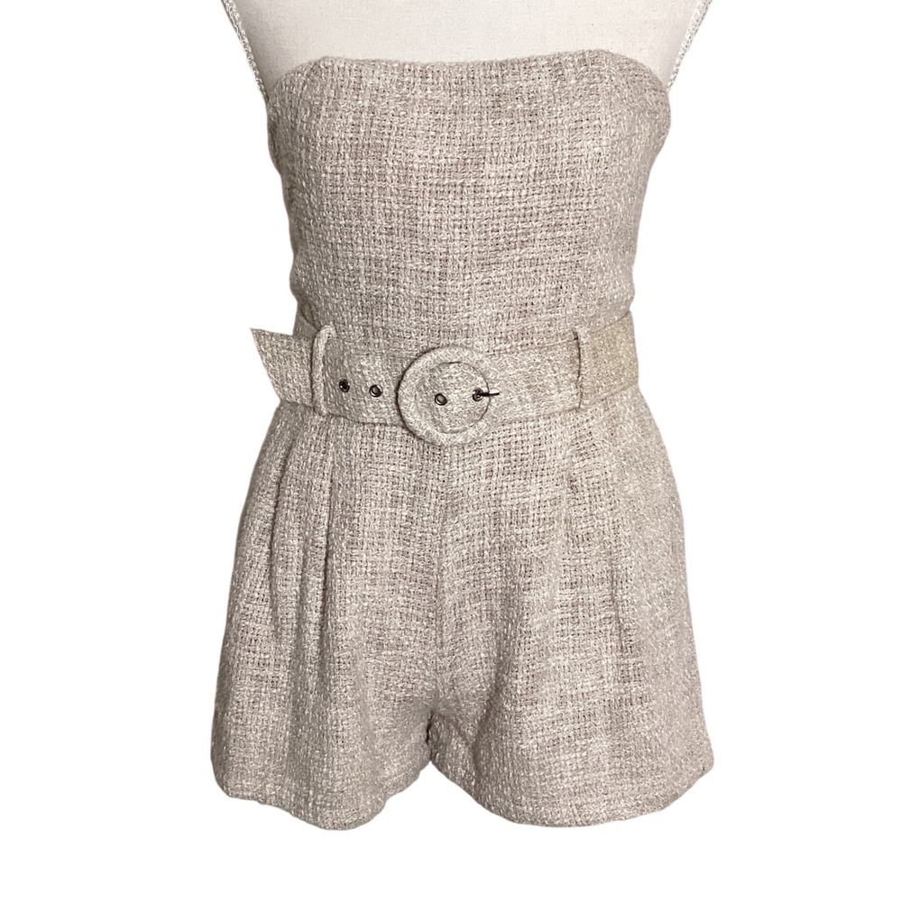 Olivaceous Tweed Strapless Romper Women Large Beige Coastal Preppy Belted Summer